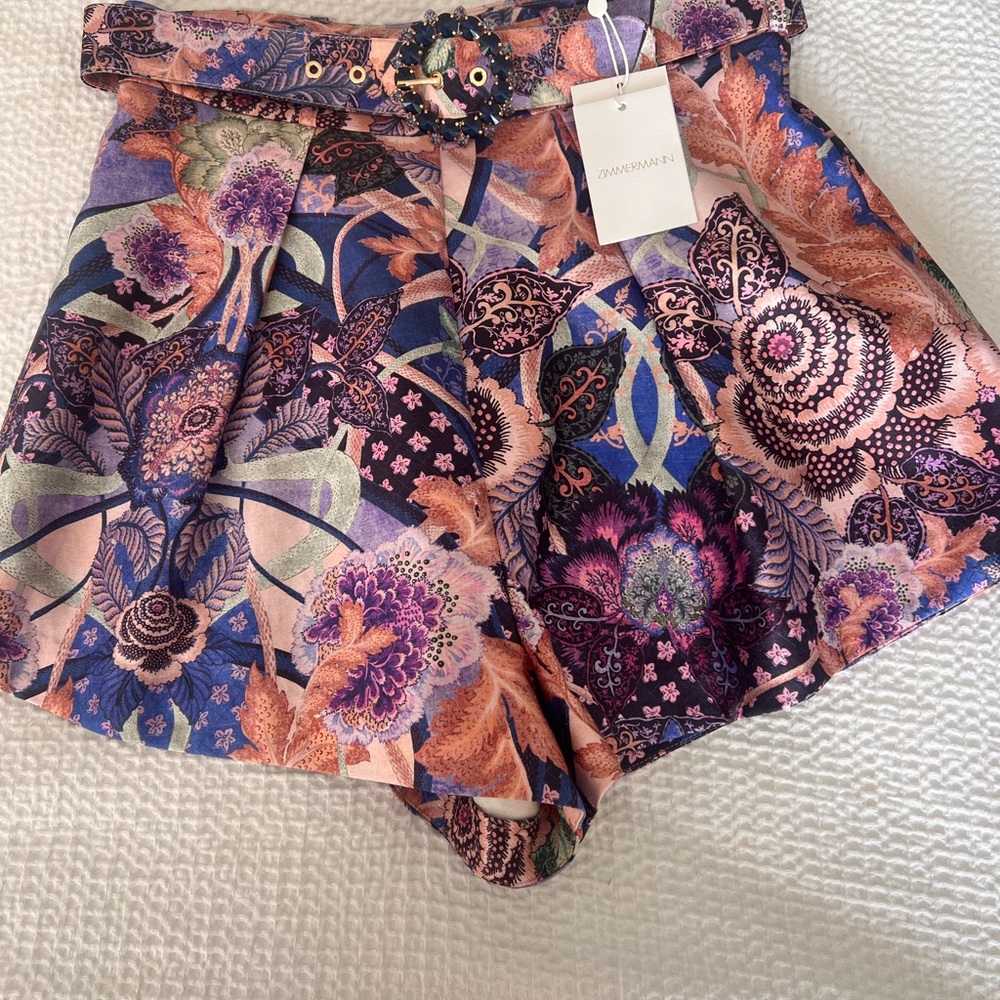 Zimmermann High-Waist Floral Paisley Shorts in Purple, Peach and Blue